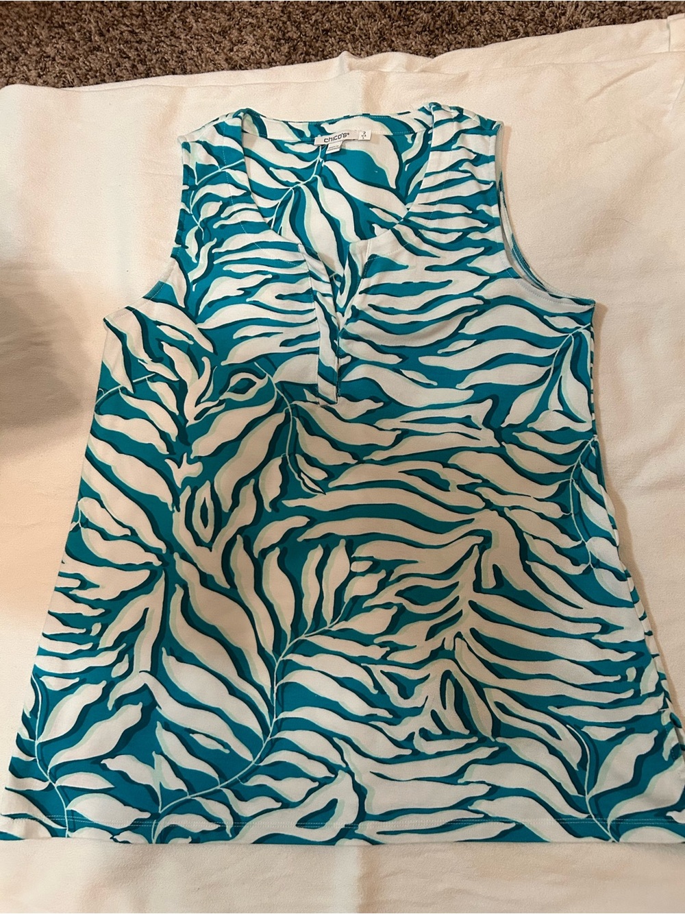 Chico's Teal and White Zebra-Print Sleeveless V-Neck Tank